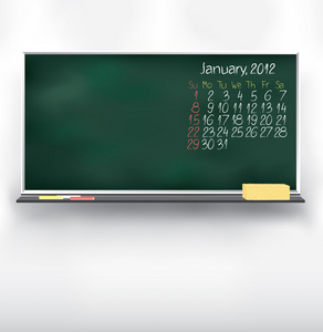 在黑板上的随意画图日历。2012 年 1 月