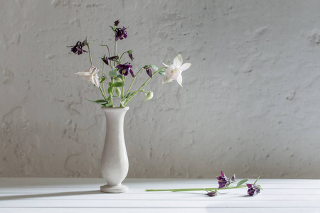鲜花插在花瓶里背景老白墙上