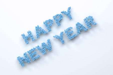 白色背景下的蓝色球快乐的新年单词