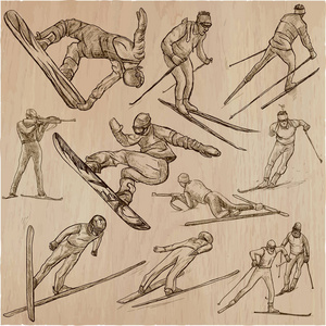 冬季运动。滑雪和滑雪板。手绘包