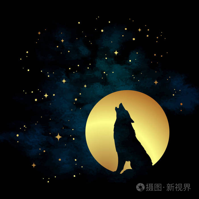 狼的剪影在满月向量例证咆哮.异教图腾, 巫术熟悉的精神艺术
