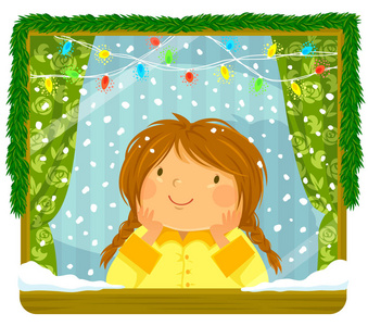 小女孩看着窗外的雪花, 带着圣诞彩灯和装饰