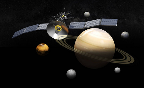 卫星绕土星运行。3d 插图, 黑色背景