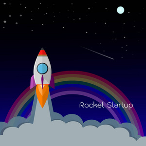 平面火箭和彩虹图标。市场上商业产品的启动概念