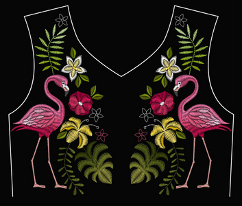 刺绣针与火烈鸟鸟和热带花卉的领口。领 tshirts 和上衣的矢量设计