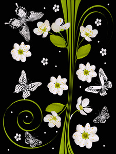 黑樱桃花和蝴蝶设计