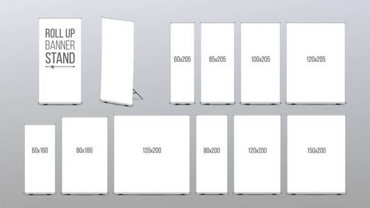 滚动横幅立场向量。弹出挂图以进行促销演示。空模板。写实插图