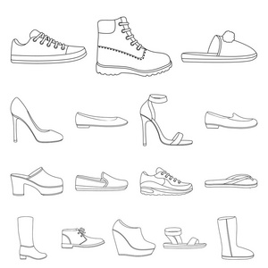 各种鞋的轮廓图标集为设计集合。靴子, 运动鞋矢量符号股票网页插图