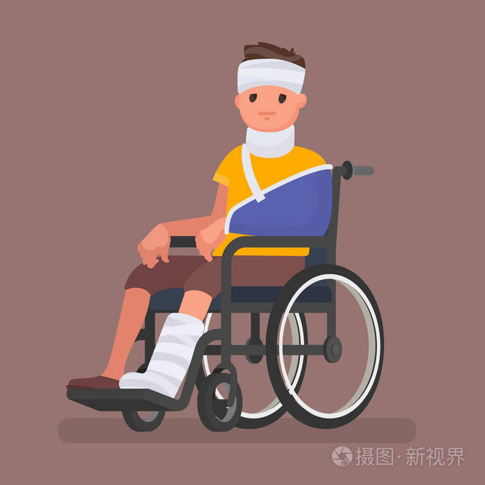 有病的人,受伤和石膏坐在轮椅上.矢量图