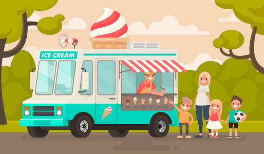 儿童和冰淇淋卡车在公园里。矢量图在平面样式