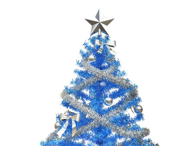 闪亮蓝色圣诞树银目眩和装饰拍摄的特写