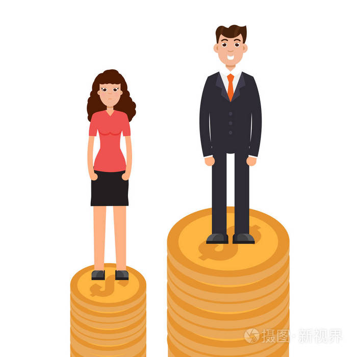 插画 性别差距, 商业差异和歧视, 男人与女人, 不平等的概念.