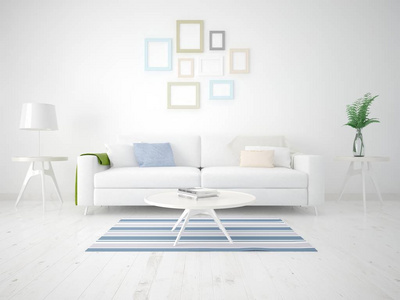 用紧凑的沙发和时尚的框架来模拟明亮的客厅