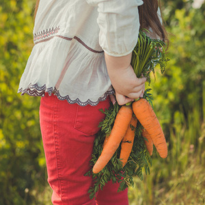 小女孩用小手穿着白色时髦的乡村 lacery 衬衫和红色牛仔裤 pents 拿着隐藏橙色多汁的胡萝卜在她后面为喂养宠物野生动物