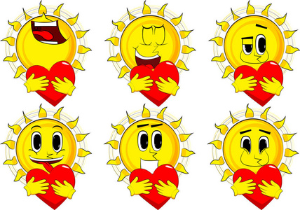 卡通太阳拥抱大红色的心