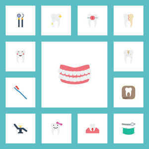 扁平的图标支撑, 腐烂, 卫生和其他矢量元素。一套牙齿平面图标符号也包括人工, 牙科, 治疗对象