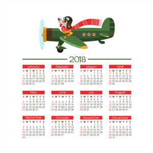 新年快乐矢量插图。日历为2018。的狗