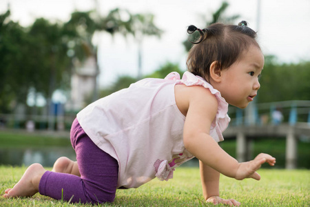 亚洲女婴在公园草坪上爬行