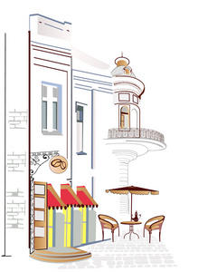 一系列老街，咖啡馆在草图
