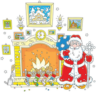 圣诞老人与他的礼品袋附近的壁炉与袜子圣诞礼物