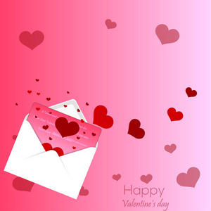 情人节快乐的粉红色背景与信封和心脏。矢量插图