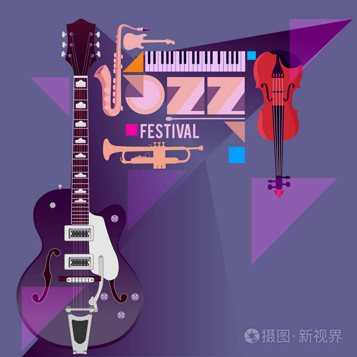 爵士乐音乐节, 海报背景模板的音乐乐器.矢量插图