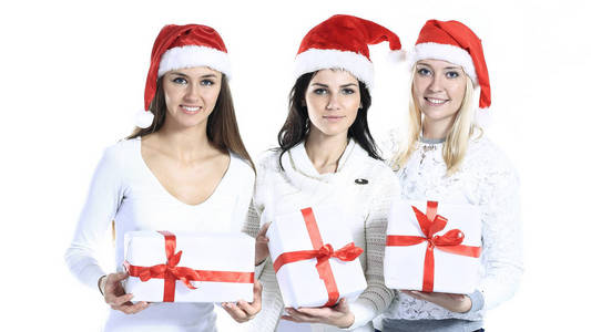 Christm 的圣诞老人服装中的女学生群