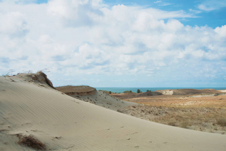 沙子沙丘覆盖着干草和蓝色波罗的海海水在 t