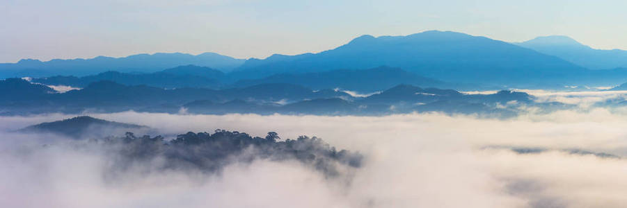 在山顶的薄雾海的全景。清晨, 寒冷的天气使山上漂浮的雾气成为 mis 的海洋
