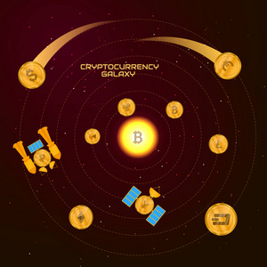 Cryptocurrency 银河概念。我们星系行星和卫星的形式的硬币