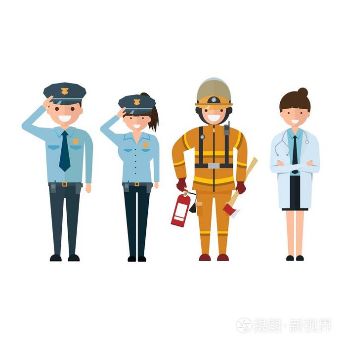 警察消防员和卡通风格的医生在白色背景下隔离
