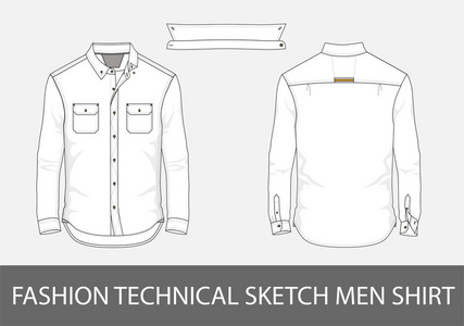 时尚技术素描男子衬衫长袖和补丁口袋中的矢量