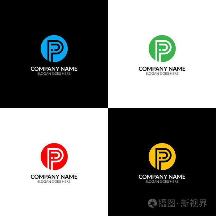 字母i 和 p 标志, 图标平面和矢量设计模板.字母 p 和