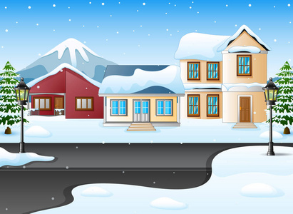 冬夜风景与房子和雪在街道