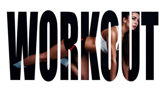 运动的年轻女子做健身运动反对黑色背景。运动的妇女在运动服与完善的健身身体。动力标志