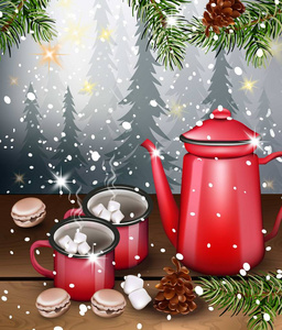 红杯红茶在冬季背景矢量写实插图