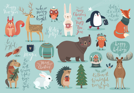 圣诞套，手绘风格书法 动物和其他元素