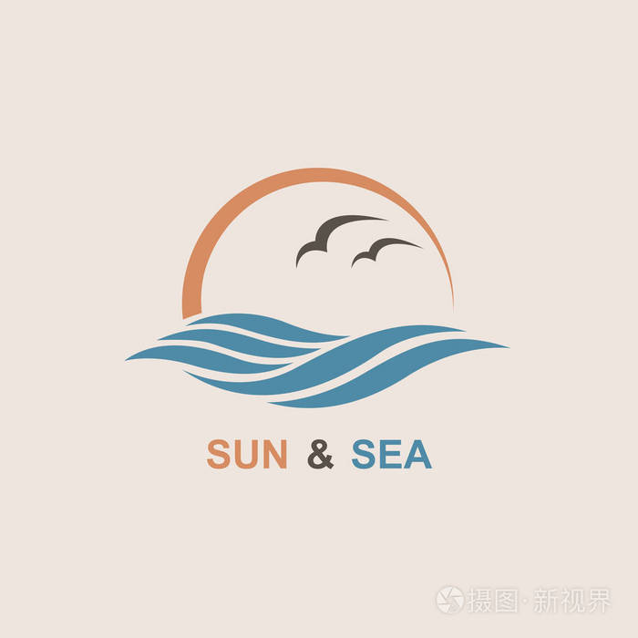 海洋标志与太阳,波浪和海鸥的抽象设计