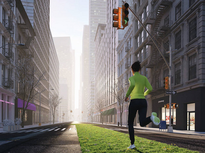 年轻女子独自慢跑在城市的街道上的绿色地带。3d 渲染