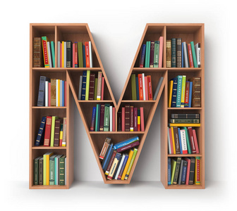 字母 m 字母表的形式与书籍孤立的书架