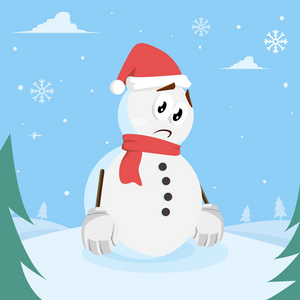 雪人标志吉祥物和背景悲伤的姿势与平面设计风格为您的徽标或吉祥物品牌