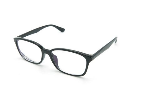 黑眼圈眼镜与闪亮的黑色框架为阅读日常生活中的一个人视力受损。白色背景拷贝空间