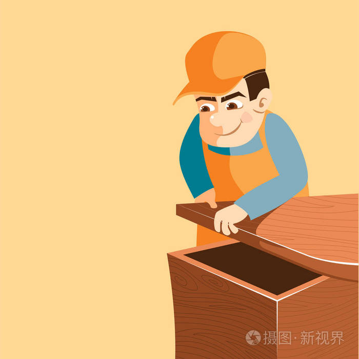 卡通男木匠组合木箱的矢量图解