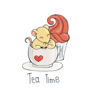 与可爱的老鼠在一杯茶或咖啡与蛋糕的插图