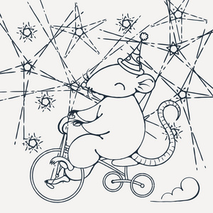 插图与马戏团的老鼠在自行车上。着色页