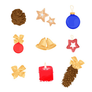 圣诞节对象集蜡烛, 玉米, 圣诞树玩具, 装饰
