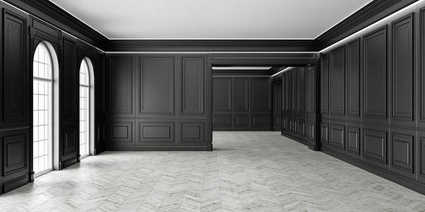 3d 经典风格的空黑房间与实木复合地板和经典墙篷, 大窗口和家庭室内照明