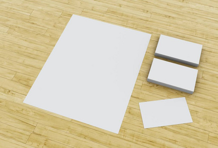 3d. 木桌上的名片和空白笔记本