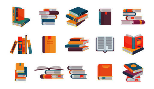 课本和笔记本的书向量栈图书馆或书店阅读文学书籍书本上的封面插图设置在白色背景上隔离