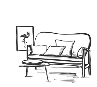 白色背景的沙发和桌子。草图样式中的矢量插图